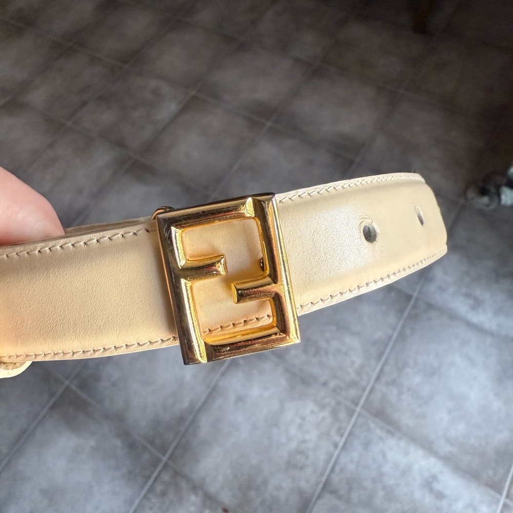 Fendi Beige Leather Belt with Gold Buckle